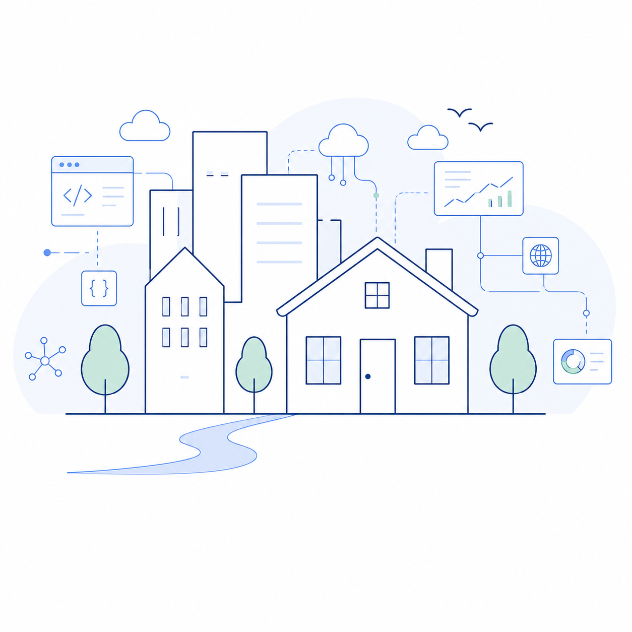 住宅と都市、Webやクラウドを表すイラスト